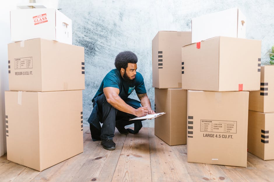 A young woman with curly hair tied back in a bun is seen inside a residential property, sitting at a wooden table surrounded by packing materials. She is wearing a brown long-sleeved top and is focused on writing notes or instructions on a large cardboard box with a black marker. In front of her on the table are a white notepad, a black pen, and a yellow tape measure. Behind her, there are stacked cardboard boxes, some partially wrapped in plastic or fabric for protection during home relocation. The room has a window letting in natural daylight, illuminating the scene clearly. She appears to be involved in the packing and moving process, which may include labeling or organizing belongings for transportation. The image captures the preparation stage of furniture transport or house removals, with the company's services, Man with Van Sydenham, supporting professional packing and load planning, especially relevant for large-item moves in SE26, involving careful handling and logistical coordination.
